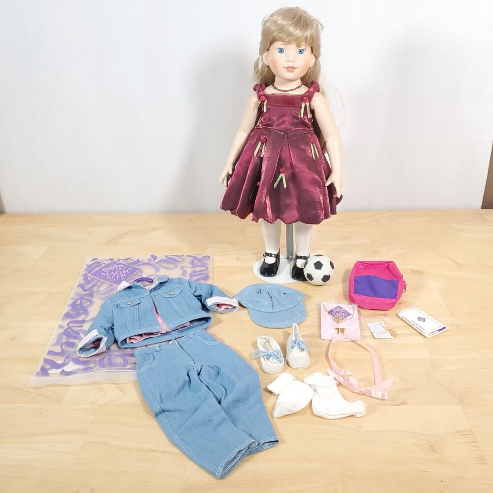 Magic Attic Club Allison Doll w/KEYS Burgundy Holiday Dress Denim Outfit Stand
